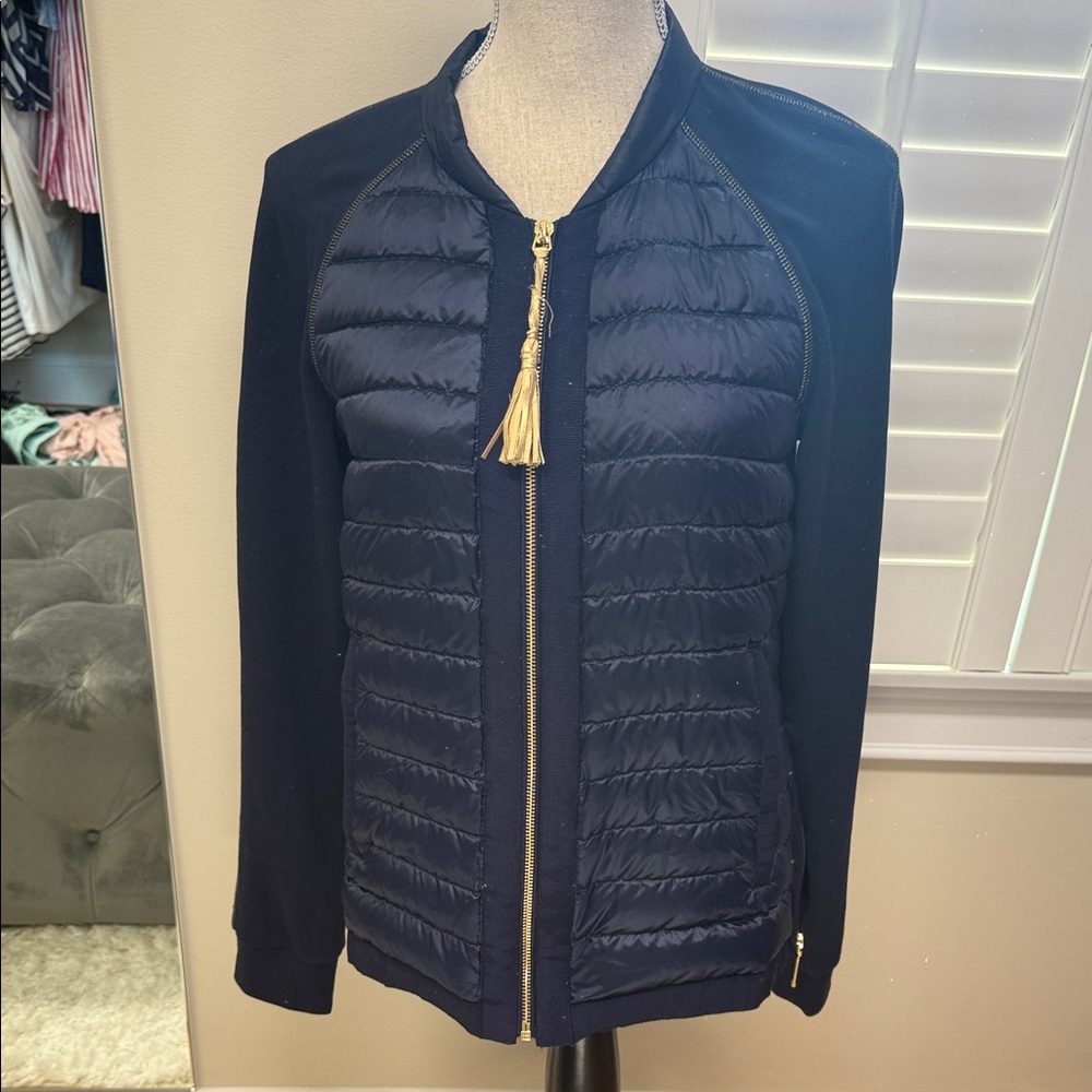 Lightweight Lilly Pulitzer Jacket with gold tassel, zipper and stitching details